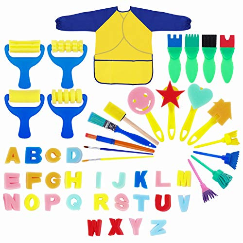 Painting Kits for Kids 48PCS Sponge Drawing Tools Brushes Set Early Learning DIY Toy for Age 3-6 with Waterproof Art Painting Smock Apron
