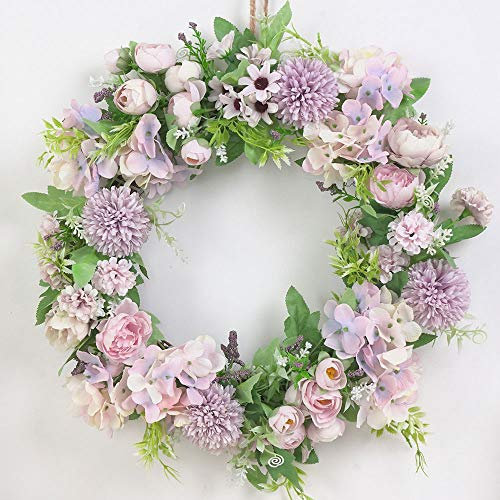 SUREH Couronne de pivoine artificielle en soie avec feuilles vertes - 40 cm - Violet - Pour porte d'entrée de mariage, mur, décoration d'intérieur