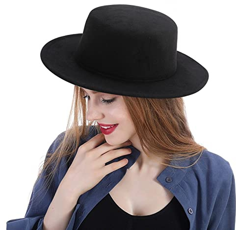 YEAJOIN Fashion Classic Black Fedora Flat Hat Medium Size, Wide Brim Jazz Hats Church Derby Cap for Women and Men