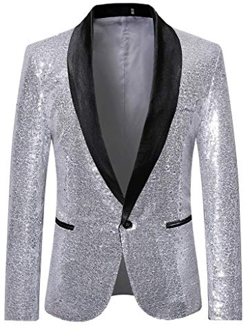 FSFA Blazer Homme à Sequins Dorés Charme Un Bouton Casual Fit Costume Manteau à Manche Longue Elegante Costume Veste Revers Slim Fit Top, Argent, L