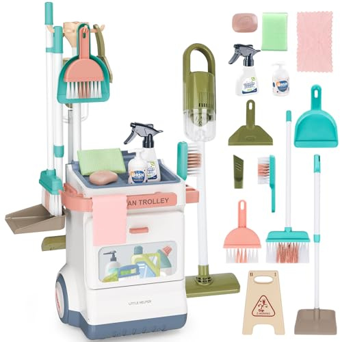 deAO Kids Cleaning Set, 20 PCS Pretend Play Housekeeping Supplies Kit ,Includes Real Working Vacuum Cleaner, Kid Broom, Spray Bottle,Toy Cleaning Set Gift for 3 4 5+Kids