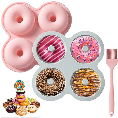 Jogoico Silikon Donut Formen 2 Stück Silikon Donuts Backform 4 Hohlräume Antihaft Donut Backblech mit Silikonpinsel, Hitzebeständigkeit Donut Mold Kuchenform für Kuchen Kekse Bagels Muffins