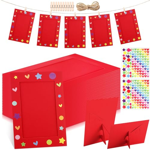 Suzile 100 Pcs Paper Photo Frames Cardboard Picture Frames Paper with Stickers and Clips Hanging Photo Holders for 4x6 Inch DIY Crafts Valentine‘s Day, Wedding Party(Red)