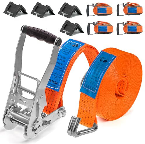 INTAKO Spanngurte Mit Ratsche 8m x 5000kg x 50mm - Ladungssicherung Setzurrgurte 4 Stück Zurrgurte + Kantenschützer 4 Stück - TÜV & GS Zertifiziert - Zweiteilig Breit Ratschengurt mit J-Haken für LKW