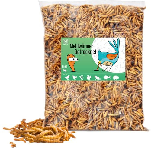 MERSJO Mehlwürmer Getrocknet - 1kg 6.5L - Natürliches Vogelfutter Wildvögel Ganzjährig, Fischfutter Teich, Hoch in Protein, Omega-3-Fettsäuren, Geruchsneutral, Geringer Feinstaub Gehalt