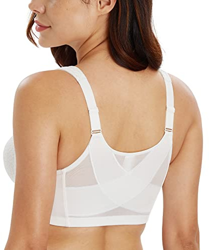 Lemorosy Women's Wirefree Jacquard Back Support Bra Full Figure Front Closure Posture Underwear(White,38D)