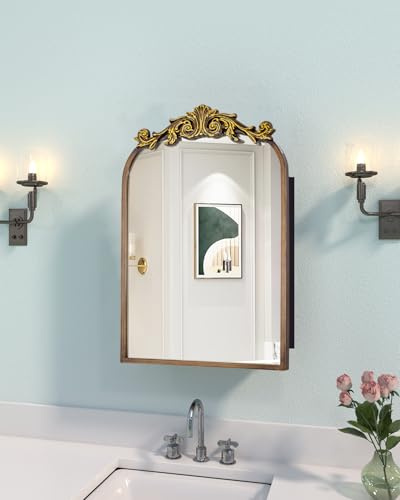 16x24 Inch Recessed or Surface Mount Medicine Cabinet Mirror with Vintage Bronze Carving & Hand-Painted Aluminum Frame, All-Metal Construction, 2 Shelves, Arched Mirror for Bathroom, Entryway, Hallway