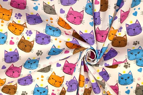 Pyrhan Printed Polycotton Fabric – 45 Wide Sewing Material by The Metre – Quilting, Dressmaking, Craft & Home Décor – Christmas, Animal, Stripes, Music & More (Multi Cat Print)