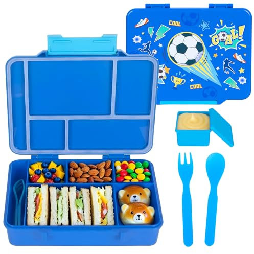 PinkSheep Fiambrera para niños de 1330 ml, contenedores de comida para niños sin BPA, a prueba de fugas con 5 compartimentos, volver a los escolares Daycare Fiambreras/Snack Contenedor (fútbol)