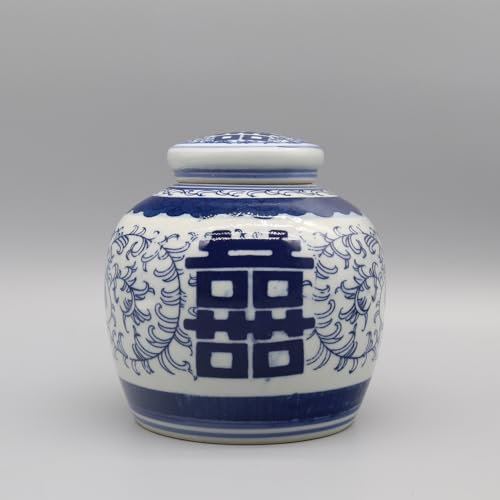Traditionell blå och vit keramisk ingefärsburk, design med dubbel lycka, dekorativ orientalisk vas med lock