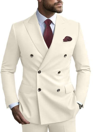 Tiefony Men's Slim Fit 2 Piece Suit Double Breasted Business Wedding Prom Tuxedo Suits Prom Suit Dress Beige Large
