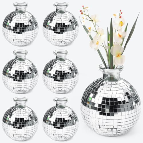VGECEE Lot de 6 Vase Boules Disco, Vases Disco Boule à Facettes pour Pot de Fleurs Vase Boule Discos Décorative Pot de Fleurs Discos Décoration pour Table Jardin Fête Mariage Maison - 10 x 9 CM