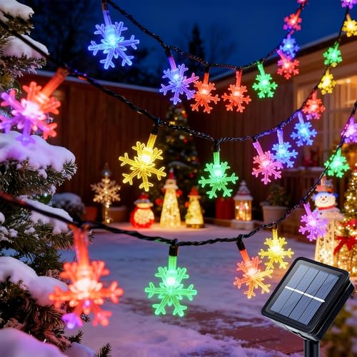 Qoosea Solar Cadena de Luces Copo de Nieve Exterior, 7M 50 LED Solares Luces de Hadas Impermeable 8 Modos, Copo de Nieve Guirnalda Luces para Navidad, Boda, Fiesta, Jardín, Patio Decorativas