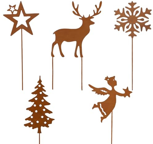 Joxessaien Pack of 5 Christmas Decoration Rust, 5 Styles Garden Stake Rust Christmas, Christmas Arrangement for Outdoors, Advent Wreath Christmas Wreath