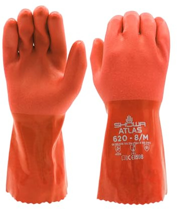 SHOWA Atlas 620 Double-Dipped PVC Chemical Resistant Gloves, Rough Finish Grip, Seamless Cotton Liner, 12 Length, Blue, Small, 12-Pack