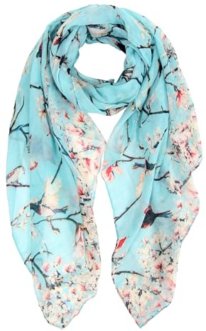 DiaryLook Ladies Women's Fashion Bird Print Long Scarves Floral Neck Scarf Shawl Wrap Gifts For Women, Turq
