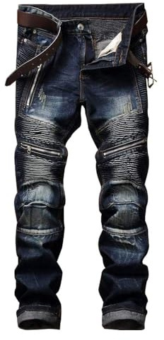 AITITIA Men's Biker Zipper Deco Washed Straight Fit Jeans, Dark Blue, 32