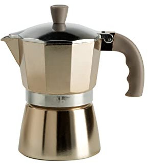 Q.b. FLUO DE by MOPITA, Cafetière 3 tasses en aluminium, Guranition en silicone, poignée anti-brûlure, pour tous les plans de coton, pas d'induction, Couleur Gold