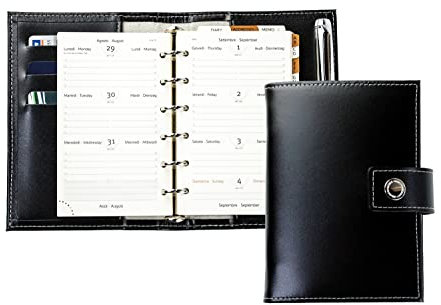 DELMON VARONE - Mini Pocket A6 Kalender 2026 Cambridge Top Grain Leder schwarz - Terminkalender Ringbuch & A-Z Telefonregister - Organizer Terminplaner mit Wochenansicht (1 Woche auf 2 Seiten)