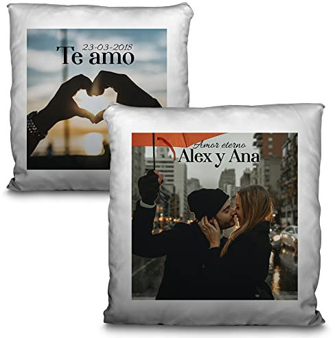 Cojín con Foto. Cojines Personalizados. Impresion por Las 2 Caras. 35 x 35 cm. Tejido de poliéster. Cremallera Invisible. Regalos Originales. San Valentin, Padre, Madre. 2 Caras