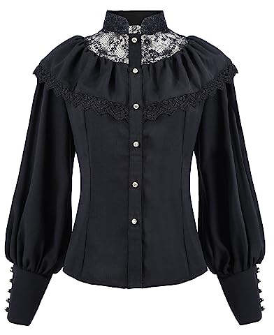 Fiamll Chemisier victorien vintage pour femme - Col montant - Manches longues - Chemisier médiéval, f-noir, XL