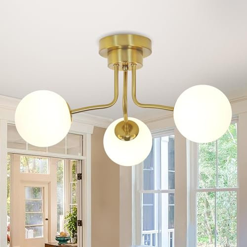 JHLBYL Modern Gold Deckenlampe, 3-Flammig Weiß Globe Glasschirm mit G9 Lampenfassung Halb Bündig Montiert Deckenleuchte, Gold Pendelleuchte für Wohnzimmer, Schlafzimmer, Esszimmer