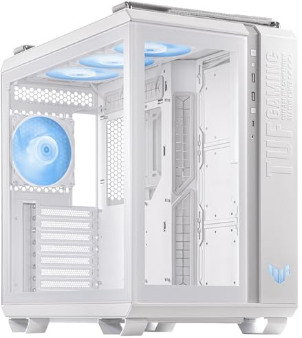 ASUS TUF Gaming GT502 Plus TG White modulares PC Gehäuse (Zweikammer-Gehäuse, bis zu DREI Positionen für 360-mm-Radiatoren oder bis zu dreizehn 120-mm-Lüfter, Glasscheiben Panoramablick, weiß)