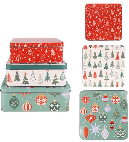 Stålkvarn & Co tennbehållare med lock, 3-pack julkakburkar, festliga kakformar för presentgivning och högtidsgodis, fyrkantiga metallbehållare för kapsling, ornament och träd