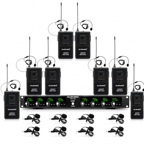 MUSYSIC 8-Channel Professional Wireless UHF Microphone System, 300ft Range Fixed Frequency Bodypack Headset/Lapel Microphones for Singing, Karaoke, Church, DJ (8-Channel- Set 1)