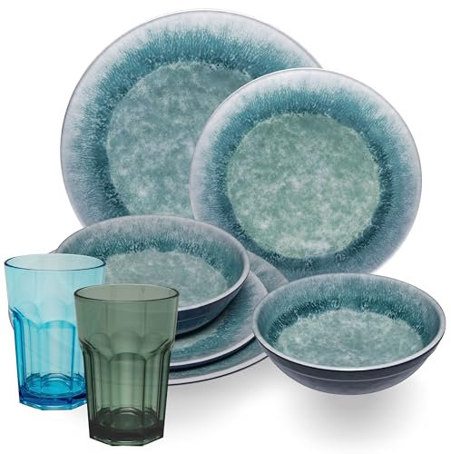 Melamin Geschirr Set Adria Blue für 2 Personen - 8 Teile Blau - mit farblich passenden Trinkgläsern 400 ml aus Acryl Steingutoptik Zubehör Campinggeschirr Wohnwagen Camping Festival