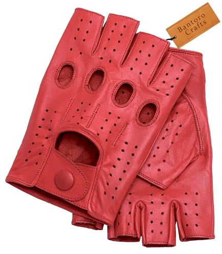 Bantoro Crafts Guanti senza dita in pelle di pecora rossa di prima qualità: comodi, resistenti e regolabili per guida, ciclismo, moto, allenamenti in palestra e sport all'aria aperta. (Medium)