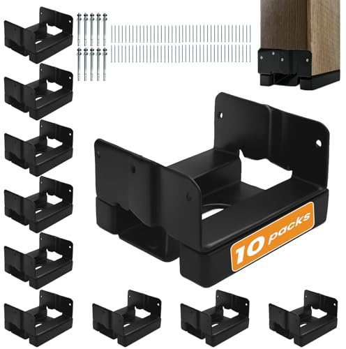 10PCS 4x4 Post Base for Concrete Heavy Duty Black E-Coated 4x4 Post Bracket Anchor Adjustable Base with 1 Standoff for Deck Pergola Patio Gazebo Porch（Included Screws）