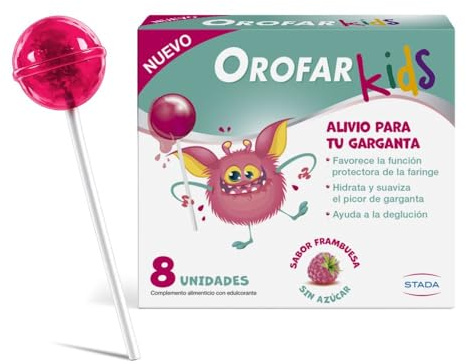 OROFAR Kids Alivia y calma el picor de garganta, laringe y cuerdas vocales, 8 piruletas sabor frambuesa, sin azúcar, para niños +3 años y adultos