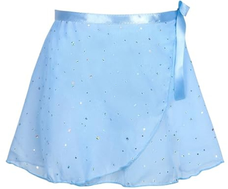 HKYBCF Balettdans wrap kjol flickor balettkjol dans omlottkjol chiffong glittrande klänningar justerbar danskläder kjol ballerina danskläder (Q67-1-blå, 100 cm)