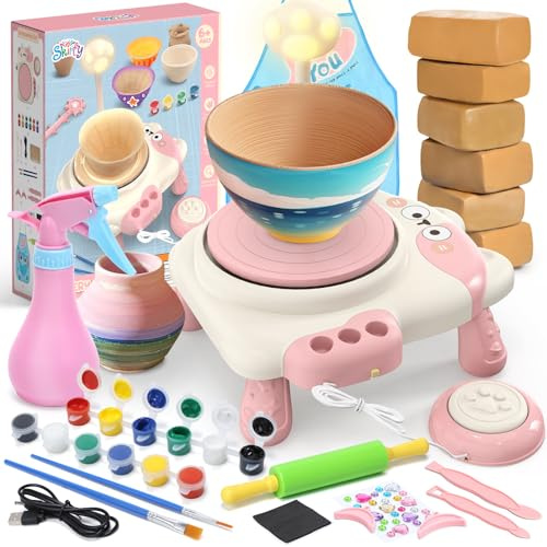 Skirfy Pottery Wheel for Kids Beginners with Light,Arts and Crafts for Kids Ages 8-12,Ceramic Wheel with Painting Kit, Adjustable Speed,Birthday Christmas Thanksgiving Gift for Girls Boys Age 6+