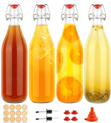 HWASHIN 1 Liter Swing Top Glass Bottles, 4 Pack 33 oz Flip Top Bottles with Airtight Stopper for Home Brewing, Kombucha, Beer, Kefir, Beverages