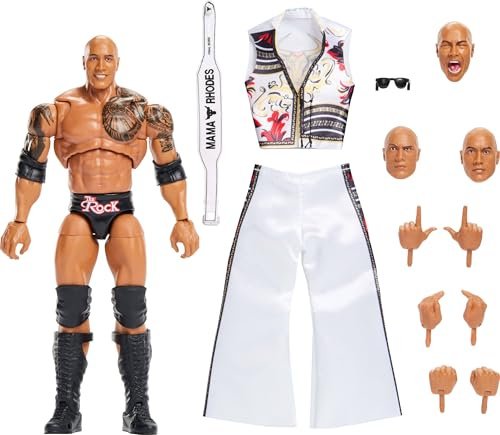 Mattel WWE Ultimate Edition The Rock, Figura de acción del Jefe Final, Conjunto Coleccionable de Figura de 15,24cm y Accesorios con Cabezas y Manos Intercambiables y 30puntos de articulación, JKD32