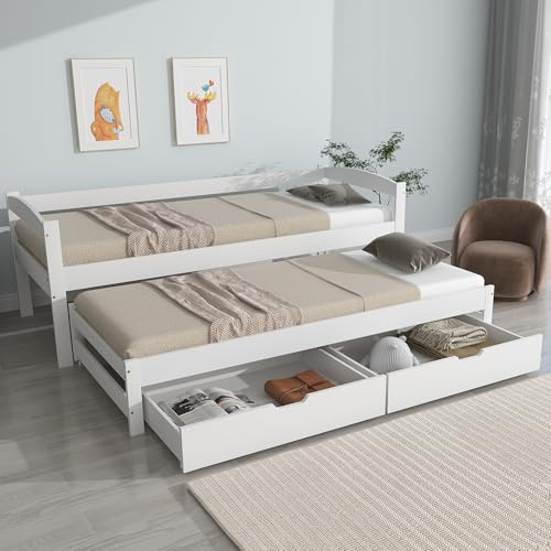 Rvjiahe Cama individual y doble, cama deslizante con ruedas inferiores, con 2 cajones de MDF, marco de madera maciza, blanco (200 x 90 cm/190 x 90 cm)