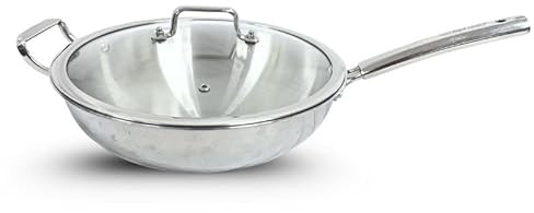 Reldor Triply Stainless Steel Wok with Lid – 3-Ply Construction with Riveted Handle, Induction & Hob Compatible – Even Heat Distribution, Dishwasher Safe (26 CM)