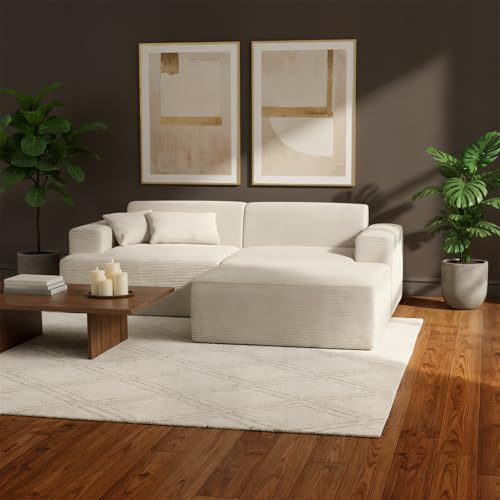 skølm Freki Cloud Couch – Sofa 3 Sitzer aus Cord in Beige mit 2 Kissen – L-Form Eckcouch mit Hocker – Vollschaumcouch mit Federkern & Vakuum-Kompression 230 cm breit – kein Aufbau erforderlich