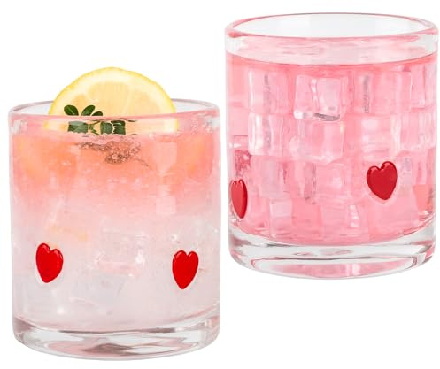 AimFun 2 Pcs Red Hearts Icon Juice Glasses Valentines Day Handblown Cocktail Glass Cup 14oz Stemless Wine Coffee Drinking Cups for Gifts Holiday Party Supplies Decor (Hearts)