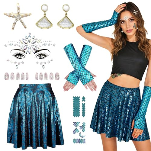 Costume da Sirena Donna,con Gonna a Squame di Pesce,Guanti Sirena,Tatuaggio Sul Viso Unghie con Pietre Glitterate,Fermaglio per Capelli,Orecchini,Tatuaggi Temporanei