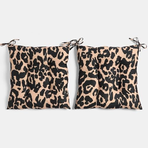 OHS 2 Pack Seat Pads for Dining Chairs, Chair Cushions Soft Comfy Outdoor Cushions with Ties for Garden Furniture Bistro Chairs Kitchen Dining Chair Seat Pads, Leopard Print - 40 x 40cm