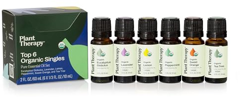 Plant Therapy Top 6 USDA Organic Essential Oil Set - Lavender, Peppermint, Eucalyptus, Lemon, Tea Tree 100% Pure, Natural Aromatherapy, for Diffusion & Topical Use, Therapeutic Grade 10 mL (1/3 oz)