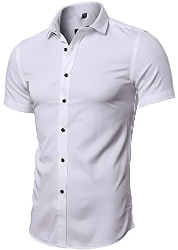 INFLATION Herren-Bambusfaser-Hemd Umweltfreundlich Elastisch Slim Fit für Freizeit Business Hochzeit Weiß Kurzarm XS (Etikette 39)