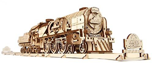 UGEARS V-Express-Dampfzug mit Tender – Vatertagsgeschenk, Puzzles für Erwachsene, 3D-Holzpuzzle-Modellbausätze für Erwachsene und Jugendliche, 3D-Puzzle-Bausatz, Holzmodellbausätze