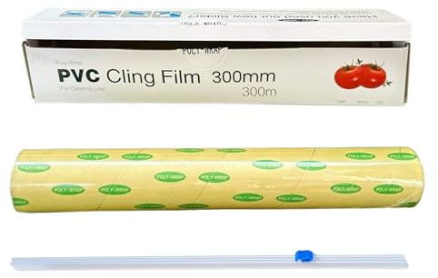 Tezraftaar® PVC Cling Film 300mm x 300m 12 Clear Catering Kitchen Cling Film Food Wrap Roll with Sharp Cutting Edge for Keep Food Fresh Long Time