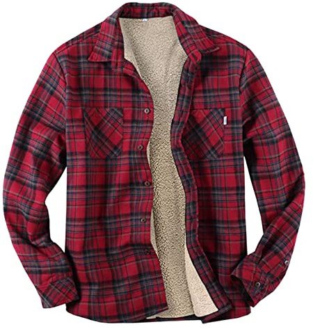 HULKAY Mens Long Sleeve Sherpa Fleece Flannel Shirts Button Down Berber Lined Shackets Warm Camp Shirts Plaid Jackets(Wine,XL)