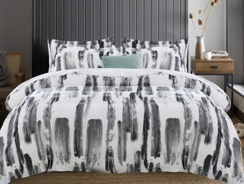 Yorkshire Bedding Double Duvet Set Soft Printed Bedding Set Brushed Microfiber Duvet Cover with Pillowcases (Grey Stripe 200x200 CM)