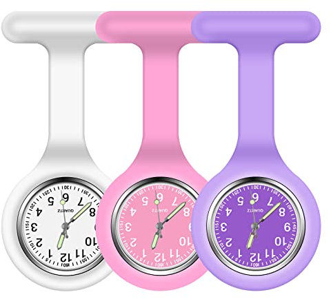 Vicloon Krankenschwester Uhren,3 Pcs Schwesternuhren mit Clip, Dehnbare Silikon Hülle, um Bruch zu Verhindern, Glow Pointer, Quarzwerk, Ansteckuhr für Krankenschwestern und Ärzte